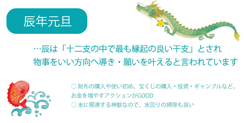 辰は十二支の中でも一番縁起が良いとされている干支。運気上昇、さらに願いが叶うとされています。